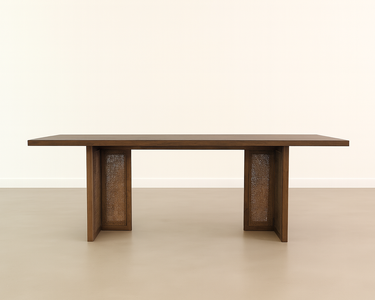 Wooden dining table with textured legs on a beige background