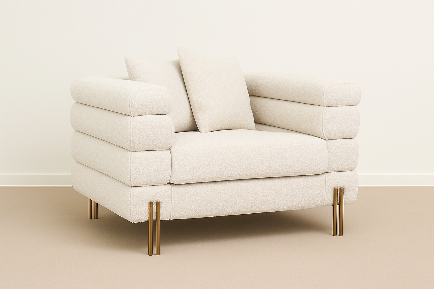 Beige armchair with gold legs on a beige floor and wall
