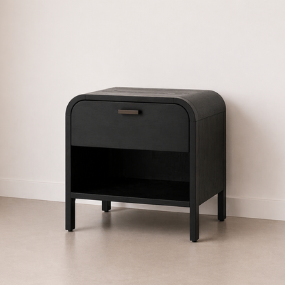 Black nightstand against a white wall